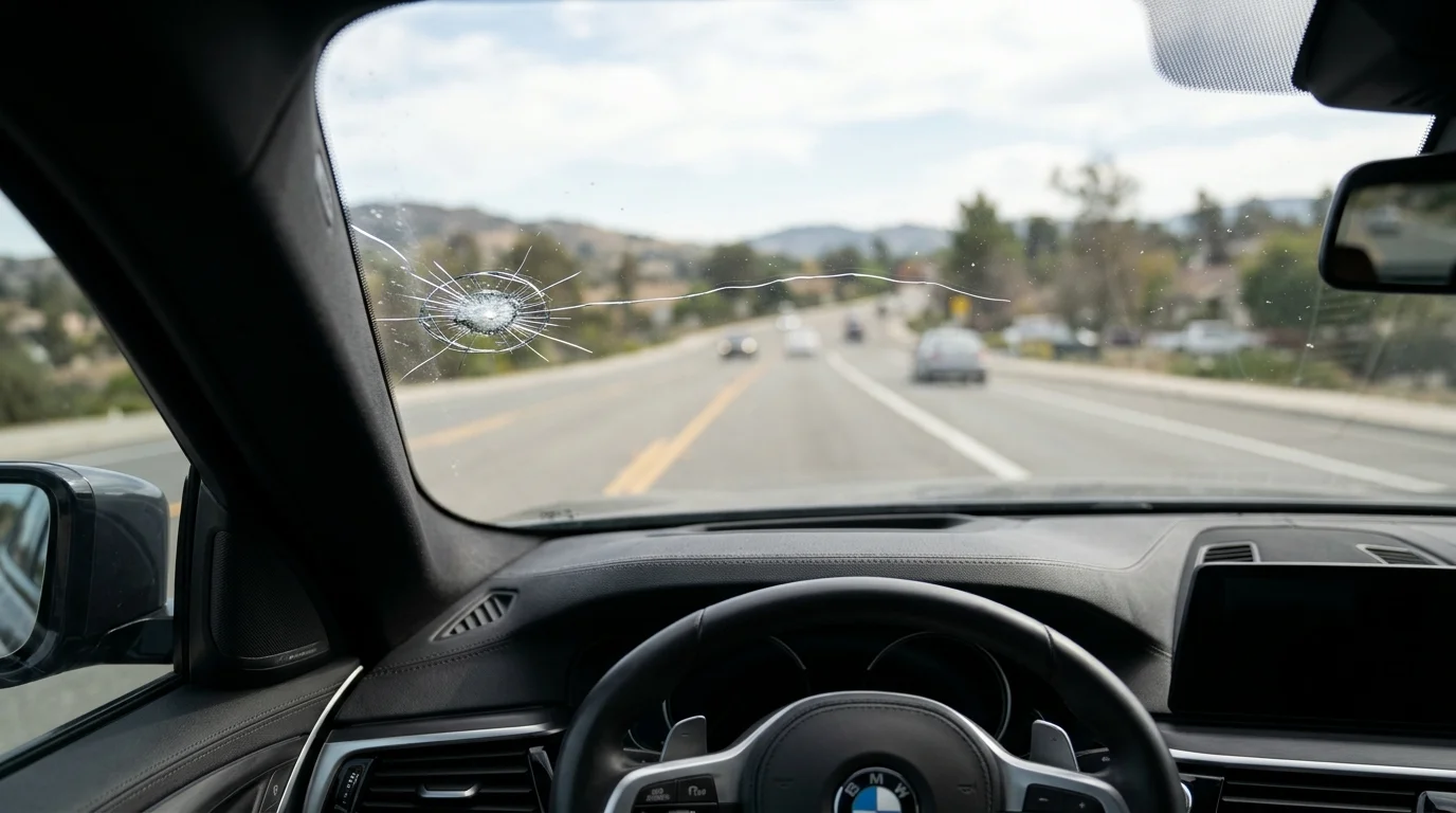 Parbriz auto fisurat cu lovitură de piatră și crăpătură extinsă